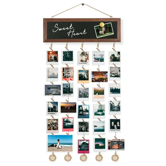 Black Hanging Photo Display with Clips Hanging Picture Frames Wall Decor Collage Photo Display Message Chalkboard Sign Kit String Blackboard for Chalk Decorative Picture Display Rustic Wooden Frame
