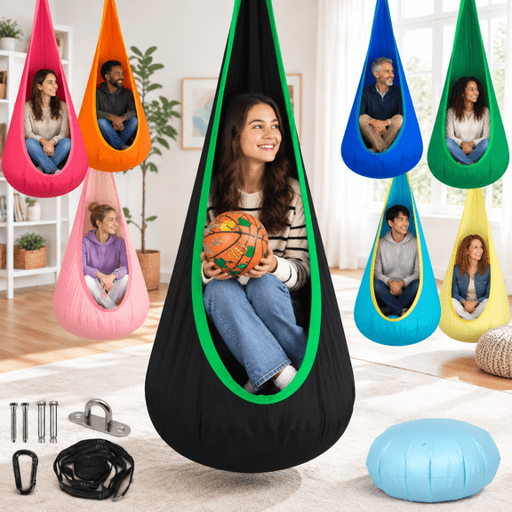 Black Hanging Sensory Pod Swing Seat, Holds Up to 300 Lbs, Indoor Outdoor Use
