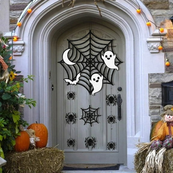 Black Hanging Spiderweb Garland with Bats for Spooky Halloween Decor, Polyester, 11.81x11.97 Inches for Home, Office, or Spooky House Setup