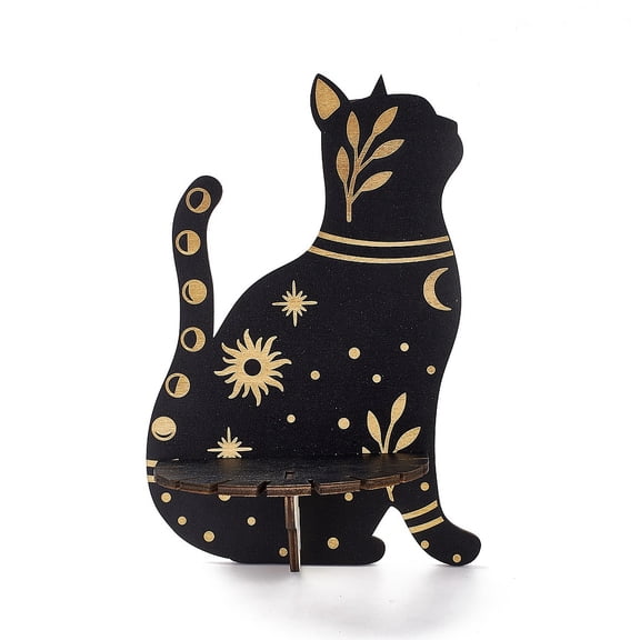 Black Hanging Wooden Display Shelf Rustic Divination Pendulum Storage Rack Stuff Easy to Assemble with Iron Hanging Hook Cat Pattern 24.8x17.1x0.5cm