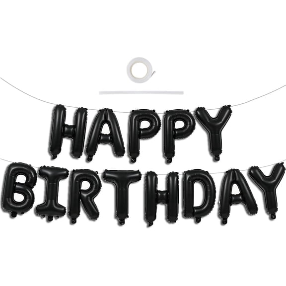 Black Happy Birthday Balloons Banner Foil Letters Decorations 16 Inch