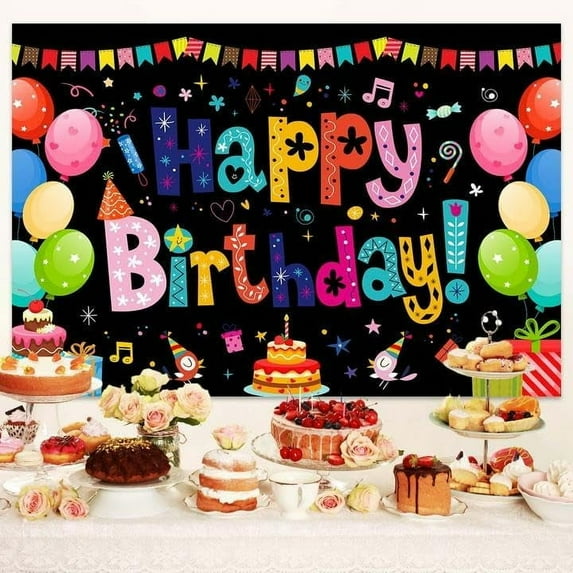 Black Happy Birthday Banner Backdrop Colorful Party Decorations, Photography Background, Sign Wall Banner for Men Women Birthday Celebration Photography Shoot Props