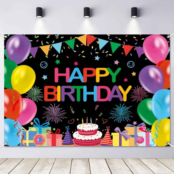 Black Happy Birthday Groovy Backdrop Banner Colorful Birthday Party Decorations for Boys Girls Kids Rainbow Balloons Wall Banner Indoor/Outdoor Photography Background
