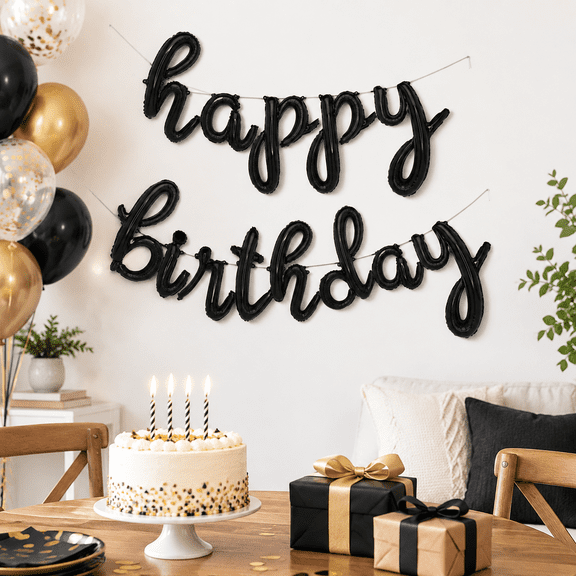 Black Happy Birthday Script Foil Mylar Balloon Banner Party Decoration Sign