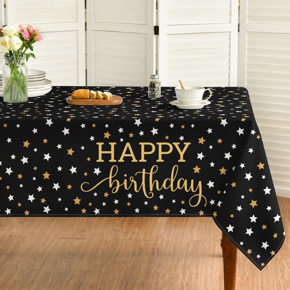 Black Happy Birthday Tablecloth 60×120 Inch Rectangular, Gold Star Printed Black Table Cover for Birthday Decoration, Birthday Party Supplies