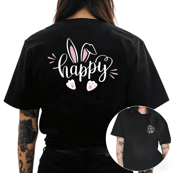 Black Happy Easter Bunny Ears Paw Print Front And Back Graphic Tees Print Tshirt Shirts Cute Spring Easter Holiday Casual Tops For Women S-5XL