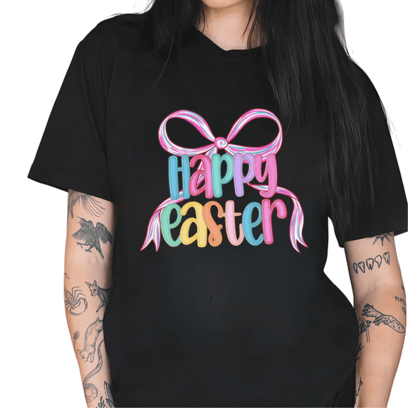 Black Happy Easter Colorful Coquette Bow Graphic Tees Print Tshirt Shirts Cute Spring Holiday Casual Tops For Women S-5XL