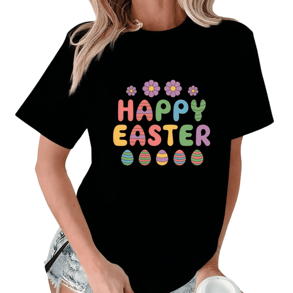 Black Happy Easter Colorful Egg Print T-Shirt Graphic Tees Shirts Easter Holiday Kawaii S-5XL Tops