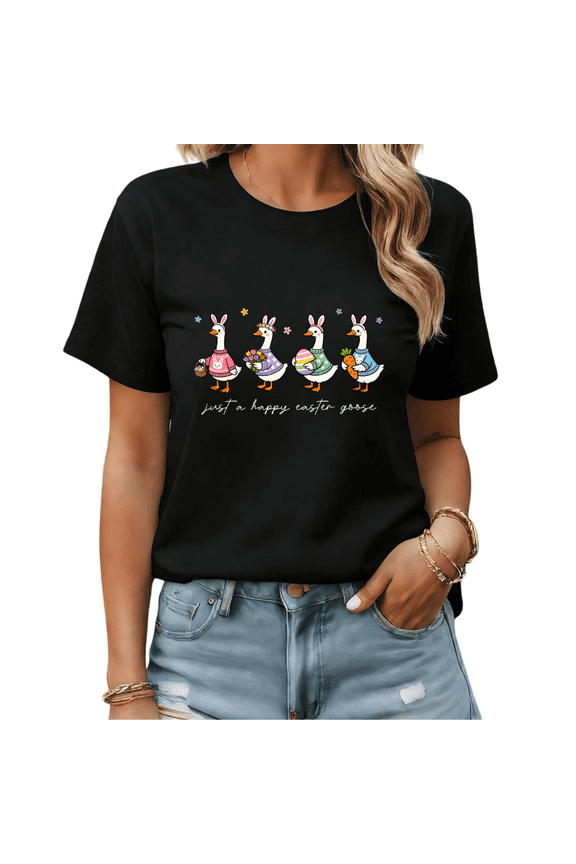 Black Happy Easter Goose Bunny Ears Eggs Carrot Floral T-Shirt Graphic Tees Shirts Casual S-5XL Tops