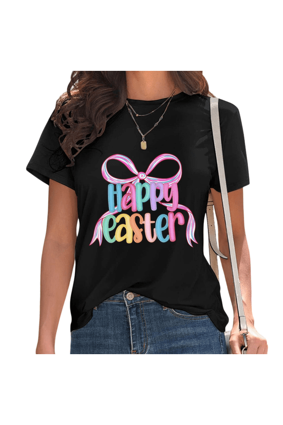 Black Happy Easter Rainbow Bow Print T-Shirt Cute Happy Easter Rainbow Bow Coquette Easter Spring Holiday Casual Tops S-5XL