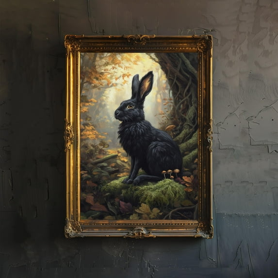 Black Hare Cottagecore Print Dark Academia Art Print Mystical Woodland Wall Art Vintage Nature Poster for Living Room Bedroom or Gallery Poster Unframed