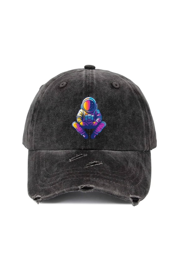 Black Hat Cap for Men & Women Distressed Baseball Cap, Unisex Astronaut Graphic Hat, Adjustable All-Season Colorful Space Design