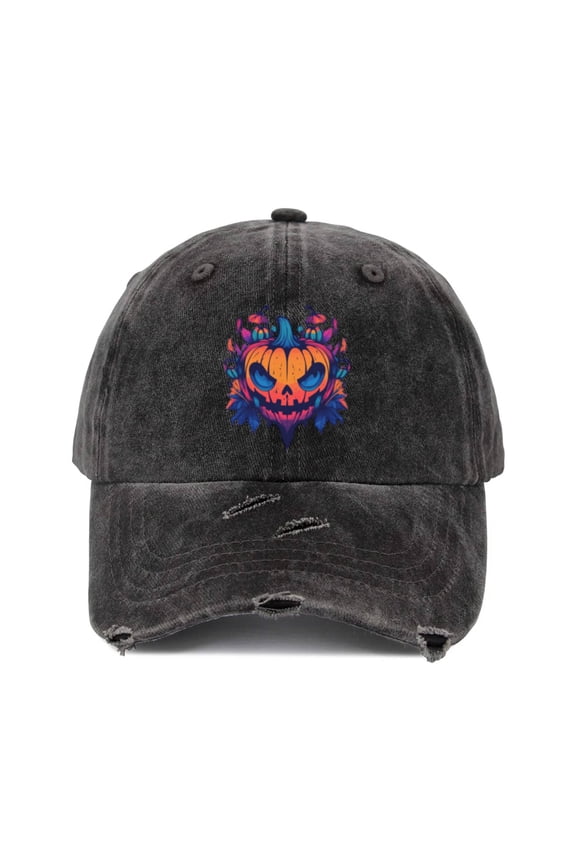 Black Hat Cap for Men & Women Distressed Baseball Cap, Unisex Pumpkin Skull Graphic Hat, Adjustable All-Season Halloween Style
