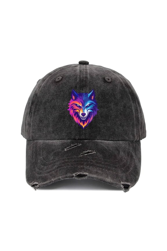 Black Hat Cap for Men & Women Distressed Baseball Cap, Unisex Wolf Graphic Hat, Adjustable All-Season Casual Streetwear