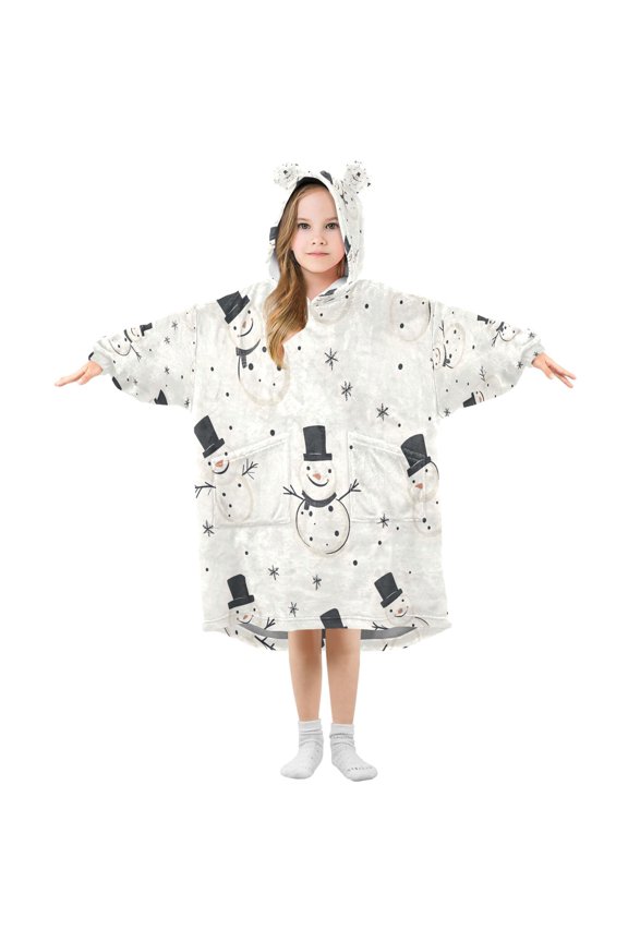 Black Hat Snowman Wearable Blankets Hoodie Oversize Sherpa Wearable Soft Blanket Warm Cozy 3-14 Age
