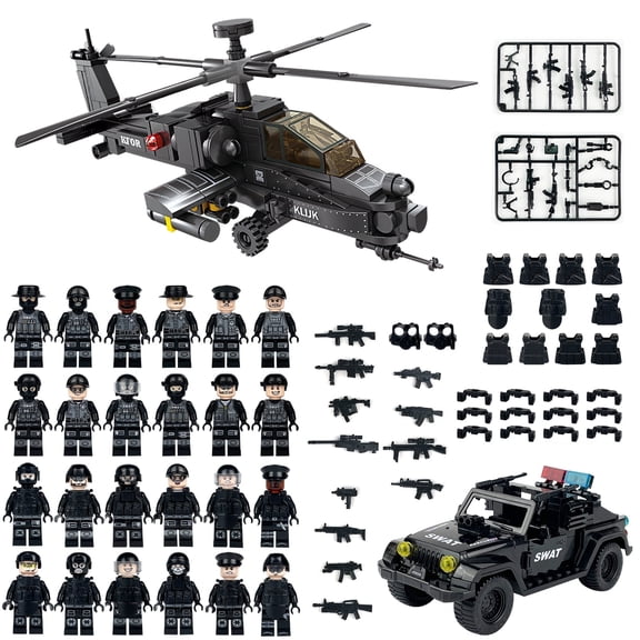 Black Hawk Helicopter & SWAT Truck Police Military Building Block Set, with 24 Soldiers Figures, Weapons Accessories