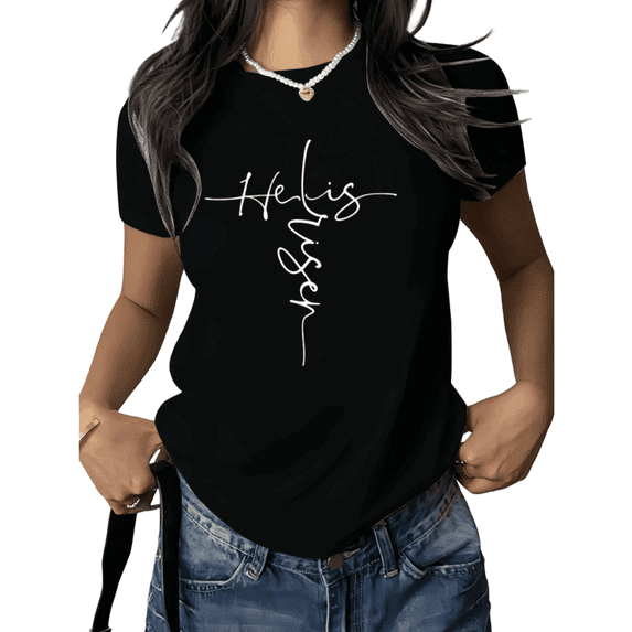 Black He Is Risen Christian Cross Print Tshirt Graphic Tees Faith Easter Jesus Graphic Shirts Church Gift S to 5XL Tops