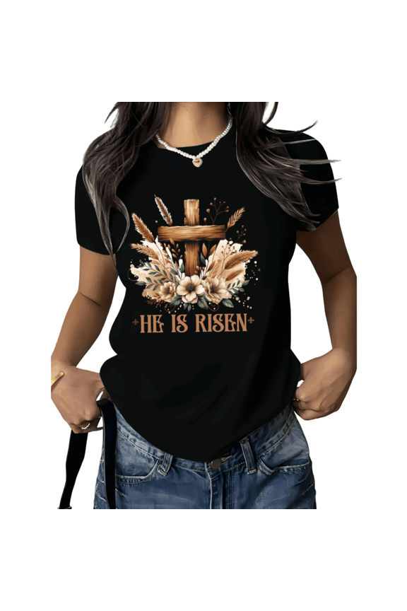 Black He Is Risen Christian Cross Print Tshirt Graphic Tees Faith Easter Jesus Graphic Shirts Church Gift S to 5XL Tops