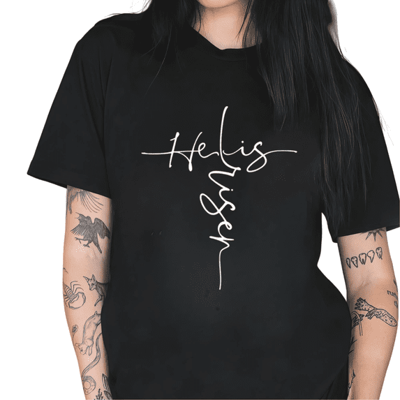 Black He Is Risen Cross Script Graphic Tees Print Tshirt Shirts Christian Easter Religious Casual Tops For Women S-5XL