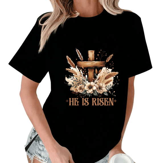 Black He Is Risen Floral Cross Print T-Shirt Graphic Tees Shirts Religious Easter Kawaii S-5XL Tops