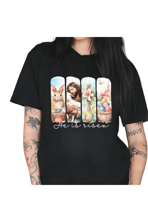 Black He Is Risen Jesus Bunny Eggs Cross Graphic Tees Print Tshirt Shirts Christian Easter Religious Spring Casual Tops For Women S-5XL