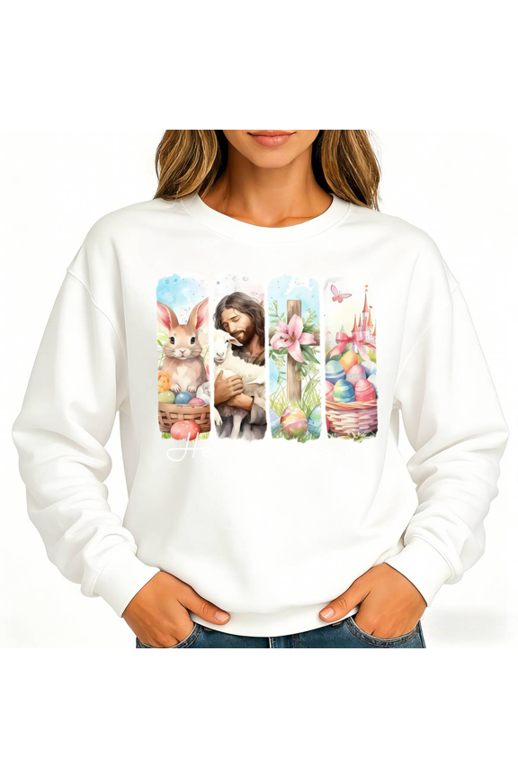 Black He Is Risen Jesus Cross Easter Bunny Print Sweatshirt Graphic Sweatshirt Christian Religious Faith Church Pullover S to 3XL Tops