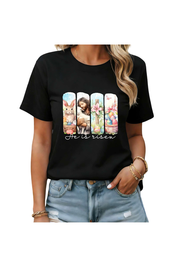 Black He Is Risen Jesus Lamb Bunny Cross Print T-Shirt Graphic Tees Shirts Religious Easter Casual S-5XL Tops