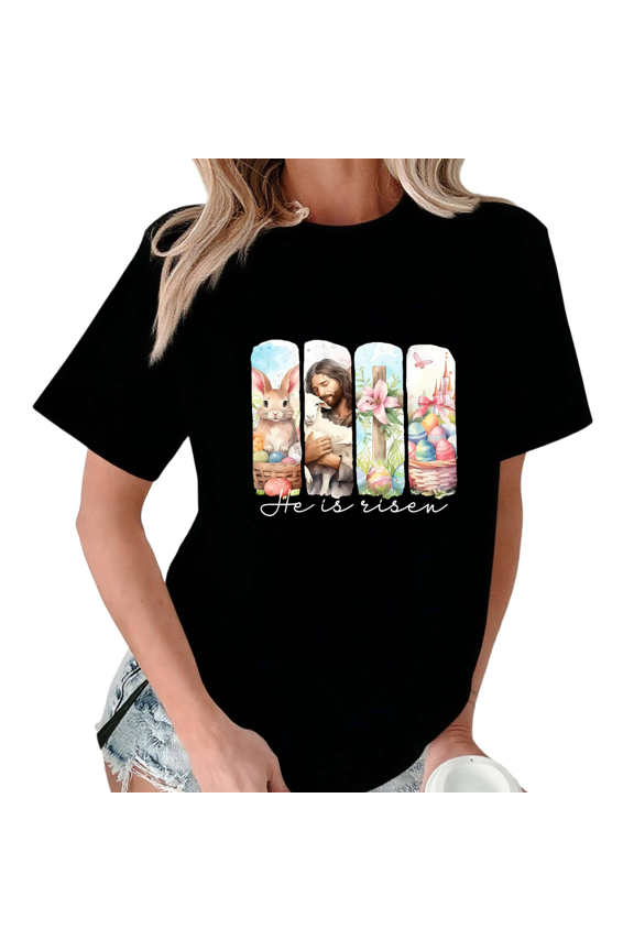 Black He Is Risen Jesus Lamb Bunny Cross Print T-Shirt Graphic Tees Shirts Religious Easter Kawaii S-5XL Tops