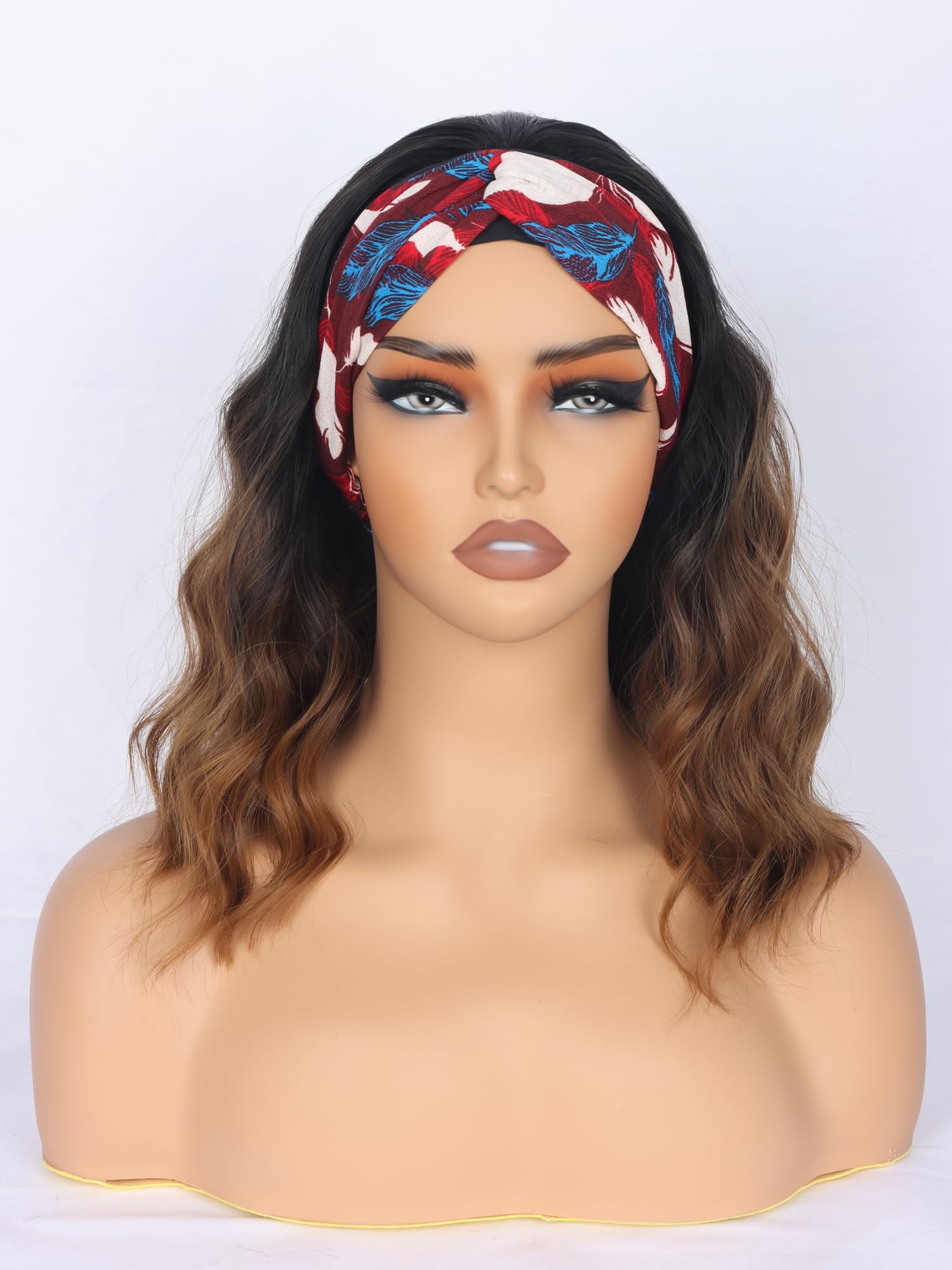 Black Headband Wigs With Brown Highlights For Women 14 Inch Wavy Heat Resistant Synthetic Soft Light Natural Looking Hair Replacement Wigs