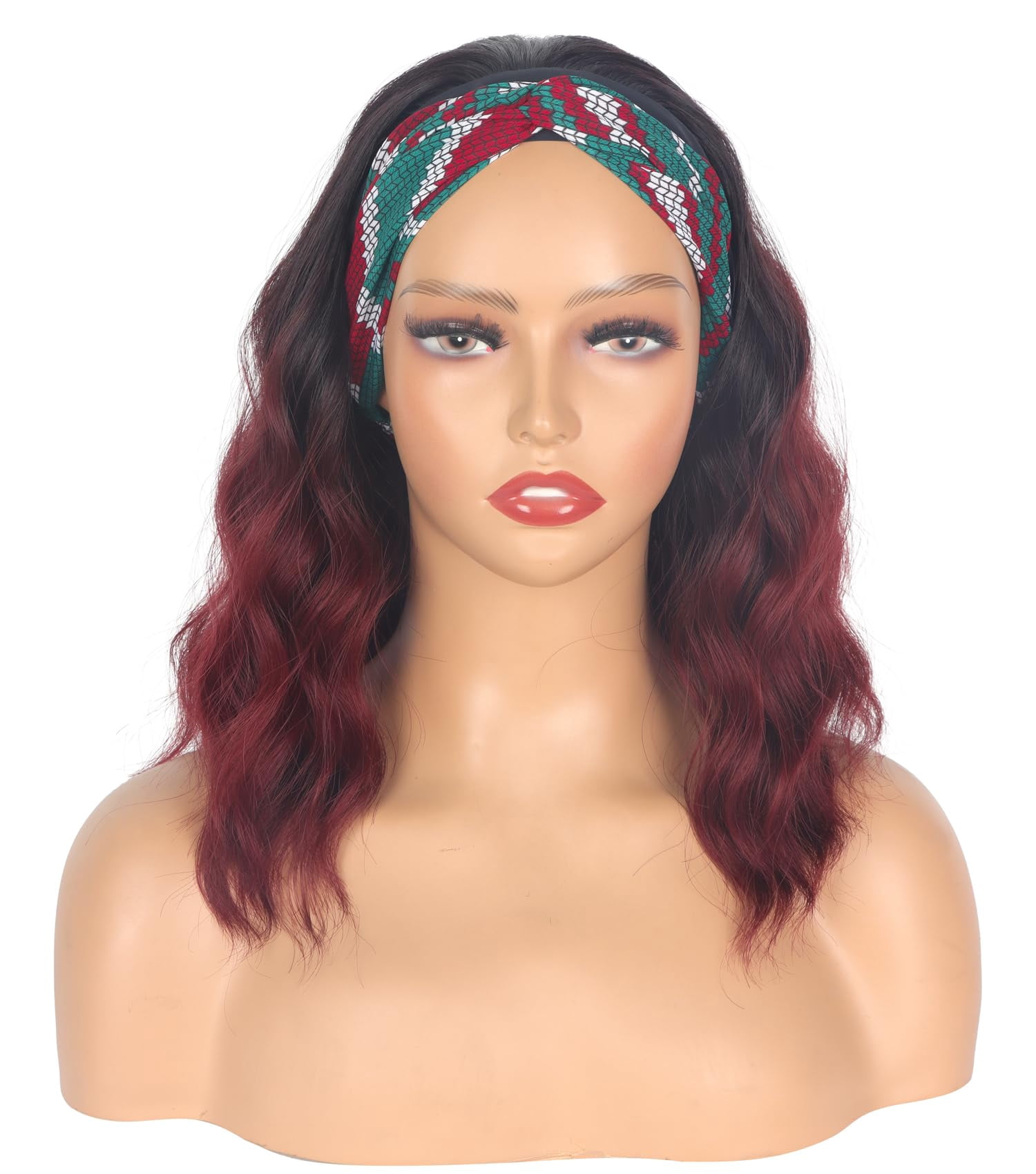 Black Headband Wigs With Brown Highlights For Women 14 Inch Wavy Heat Resistant Synthetic Soft Light Natural Looking Hair Replacement Wigs