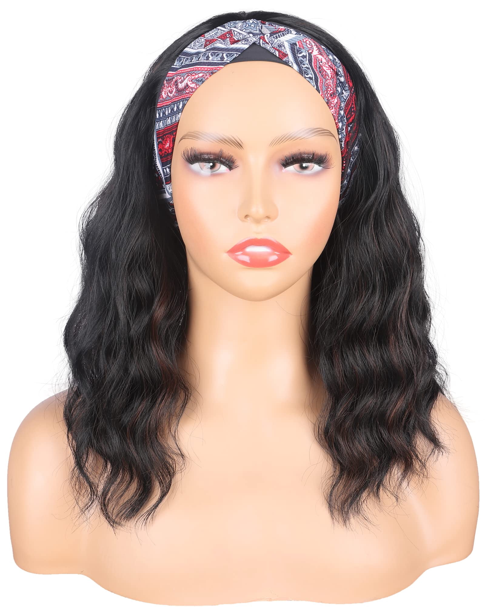 Black Headband Wigs With Brown Highlights For Women 14 Inch Wavy Heat Resistant Synthetic Soft Light Natural Looking Hair Replacement Wigs