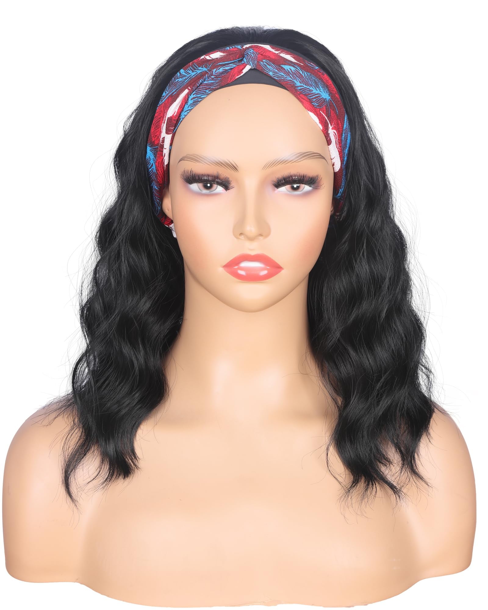 Black Headband Wigs With Brown Highlights For Women 14 Inch Wavy Heat Resistant Synthetic Soft Light Natural Looking Hair Replacement Wigs