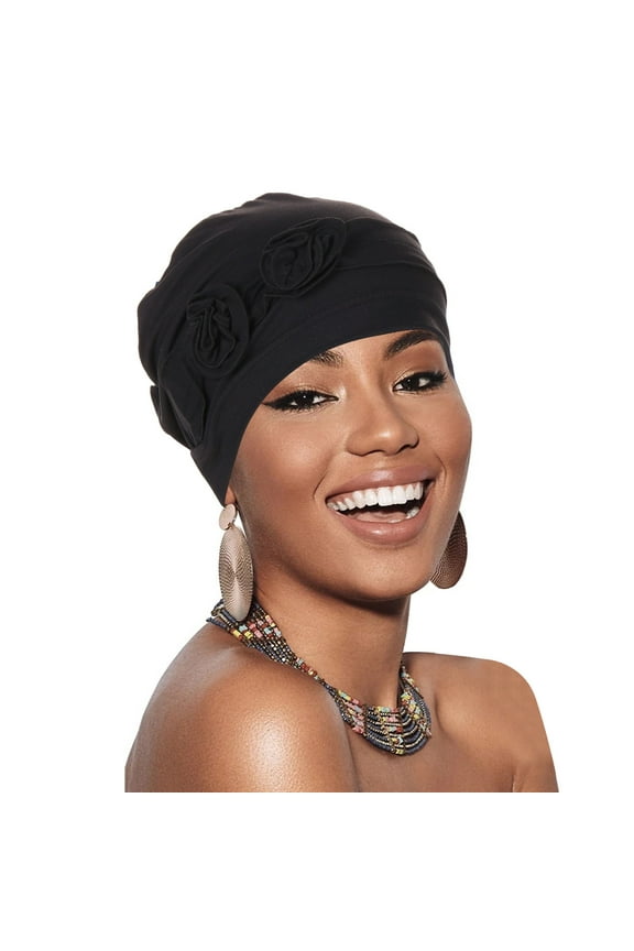Black Headband for Women Flower Head Hat Cap Ethnic Bohemian Floral Hair Cover Wrap Turban Headwear Turban Cap Pleated Hat