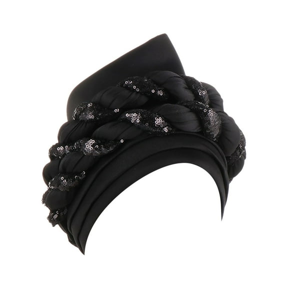 Black Headband for Womens Summer Muslim Twin Color Sequins Space Layer Exaggerated Headscarf Hat Fashion Matching Ball Headscarf Hat