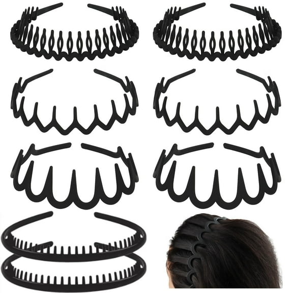 Black Headbands for Women Non Slip 8 PCS Elastic Plastic Zig Zag Headband with Teeth Comb Hairband Head Bands for Women's Hair 90s Hair Accessories for Women Mens Teens Girls