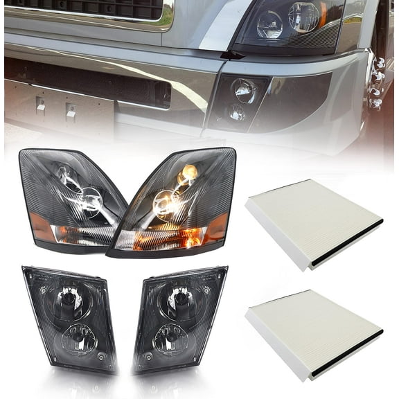 Black Headlight and Fog Light Set & Pair Air Filters for Volvo 2004-2018 VNL VN