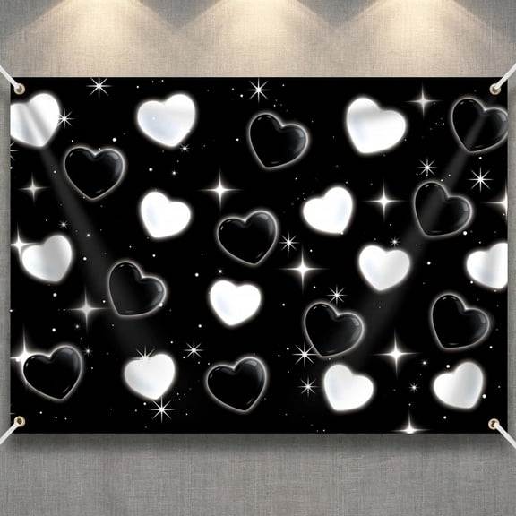 Black Heart Backdrop with Ribbon & Brass Grommets, Polyester Photography Background for Birthday, Wedding & Party Decorations