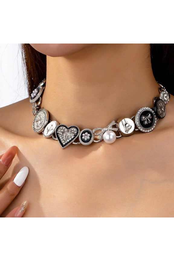 Black Heart Chunky Choker Necklace Heart Bow Choker Necklace for Women Gothic Y2K Aesthetic Outfit Jewelry Accessories Vintage Retro Chunky Costume