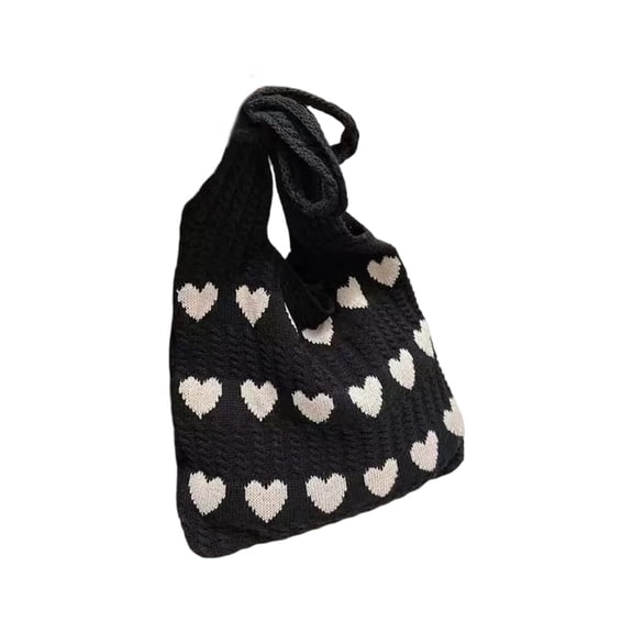 Black Heart Knit Tote Bag Spacious Shoulder Purse For Daily Shopping