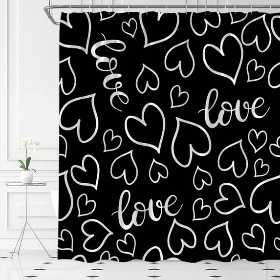 Black Heart Love Shower Curtain Valentine''s Day Simple Minimalist Romantic Lover Couple Fabric for Bathroom Decor Bathtub with Hooks(70" WX84 H)