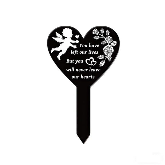 Black Heart Memorial Marker with Angel & Rose Design - Waterproof Outdoor Remembrance Stake