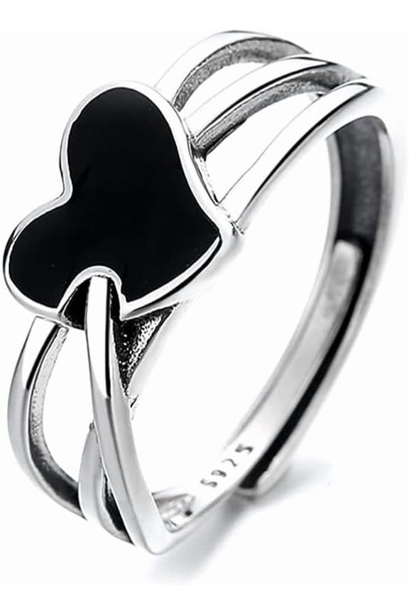 Black Heart Open Statement Rings Sterling Silver 925 Adjustable Multi Layers Engagement Promise Ring Endless Love Eternity Wedding Bands Wrap Finger Band for Women