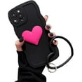 thumbnail image 1 of Black Heart Phone Case Compatible with iPhone 11, Cute 3D Pink Big Love Heart Phone Case, Curly Wave Shape Heart Phone Cover with Heart Bracelet for Women Girls, 1 of 6