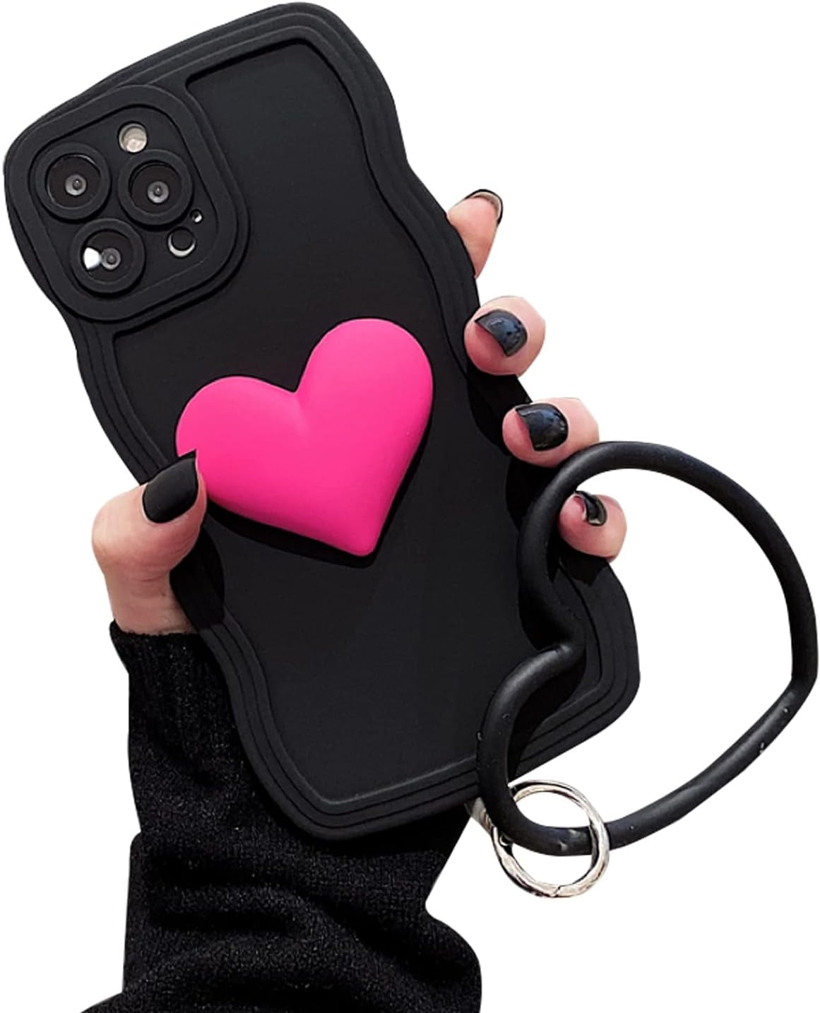 Black Heart Phone Case Compatible with iPhone 15 Pro Max, Cute 3D