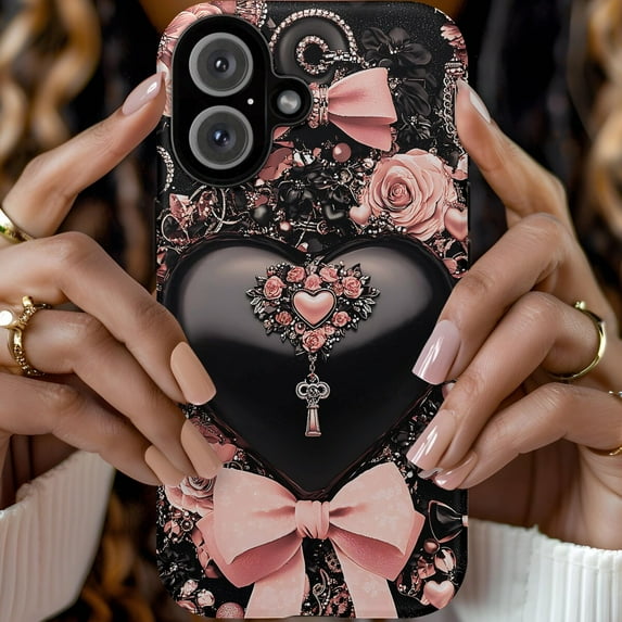 Black Heart Pink Bow Valentine's Sparkle Phone Case 17 16 15 14 13 12 11 Pro Max