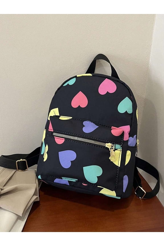 Black Heart Print Nylon Mini Backpack With Front Zip Pocket