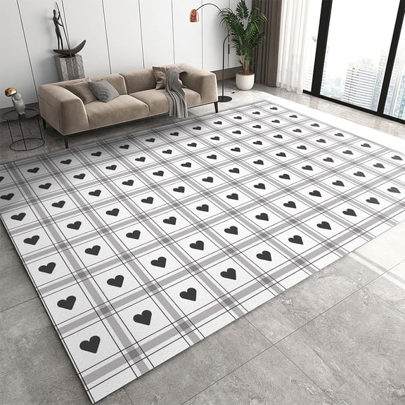Black Heart Print Pattern Area Rug 2x3ft Grey Geometric Diamond Squares Bedroom Rugs, with Anti-Slip Backing Washable Indoor Carpet for Living Room Bedroom Study Dining Room