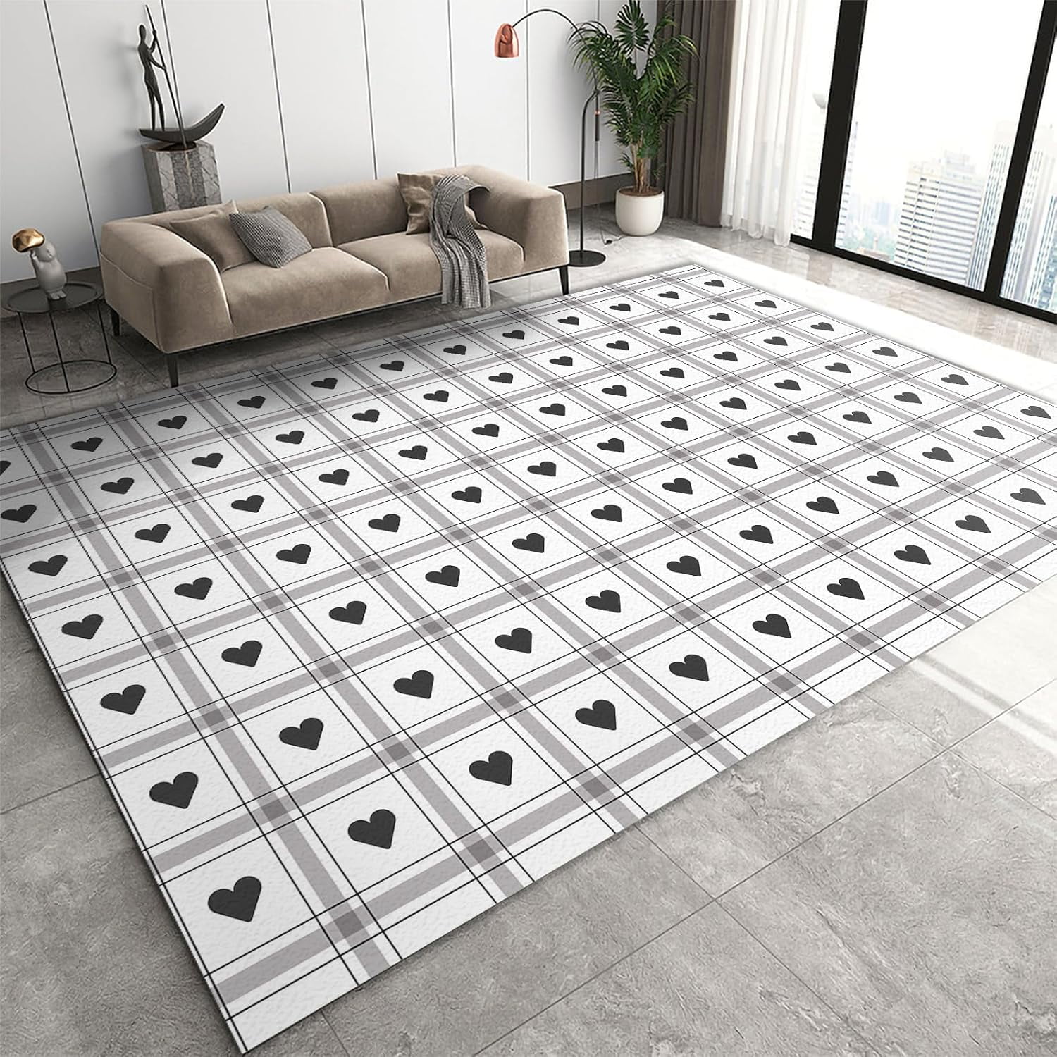 Black Heart Print Pattern Area Rug 3x5ft Grey Geometric Diamond Squares ...