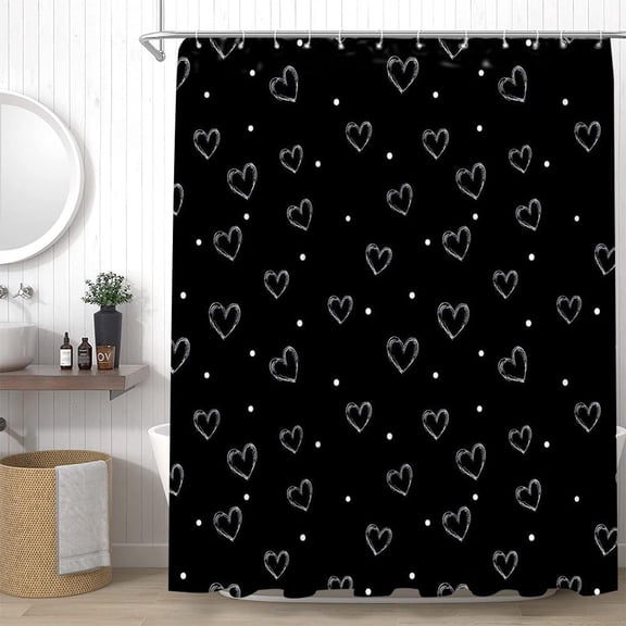 Black Heart Shower Curtain Valentine''s Day Romantic Love Sweet Lover Minimalist Modern Bathroom Decor Curtains Set with Hooks, 70" W x 70" H