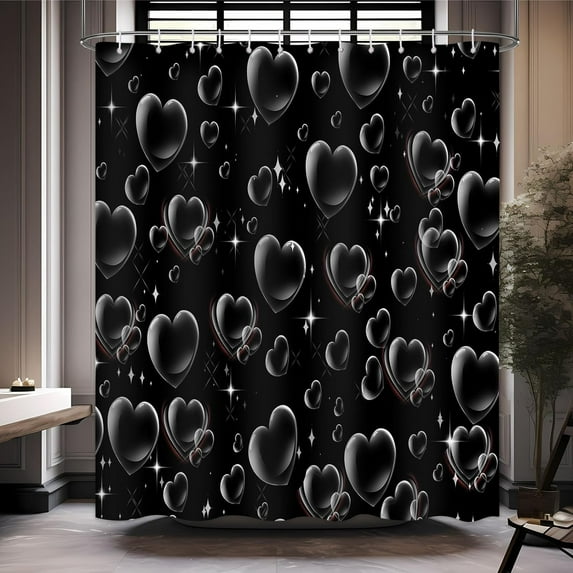Black Hearts Romantic Valentines Day Shower Curtain Early 2000s 90s Home Bathroom Love Heart Shower Curtain Decor Set with 12 Hooks 72x72 inches